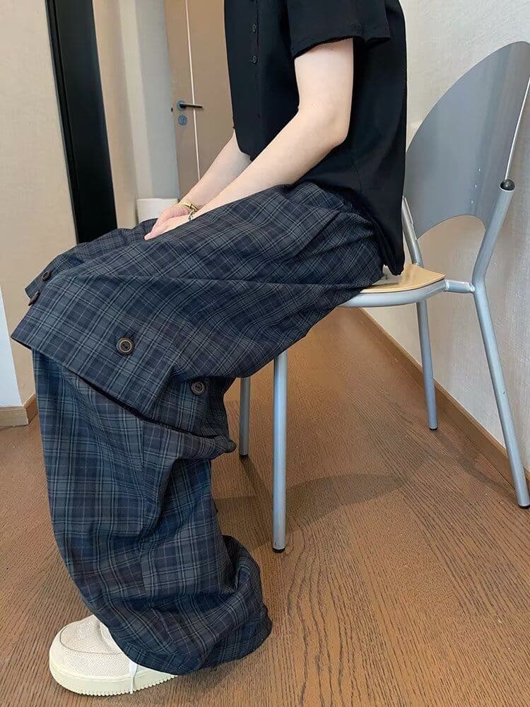 2026 아메리칸 레트로 도루 센스 바닥 청소 긴 바지 남자 루즈핏 넓은 다리 수 있습니다. 언 로딩 어둠 곡물 주름 체크무늬 캐주얼 바지 상세 이미지 13