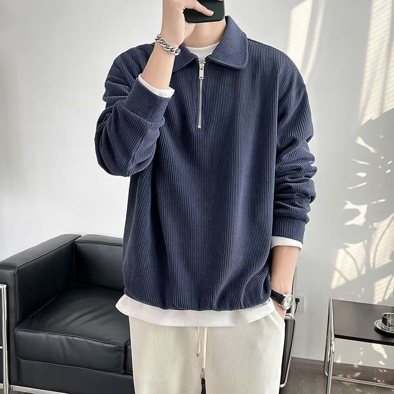2026 새로운 캐주얼 음악 의류 남성 봄 가을 폴로 칼라 지퍼 스트라이프 니트 스웨터 잘 생긴 POLO 칼라 긴팔 단색 이미지 2