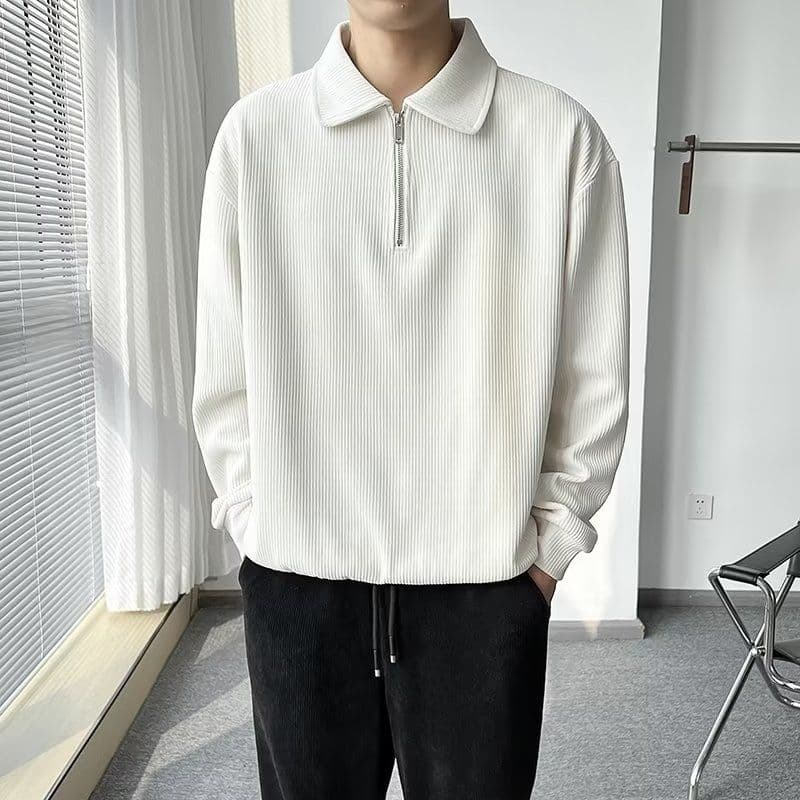 2026 새로운 캐주얼 음악 의류 남성 봄 가을 폴로 칼라 지퍼 스트라이프 니트 스웨터 잘 생긴 POLO 칼라 긴팔 단색