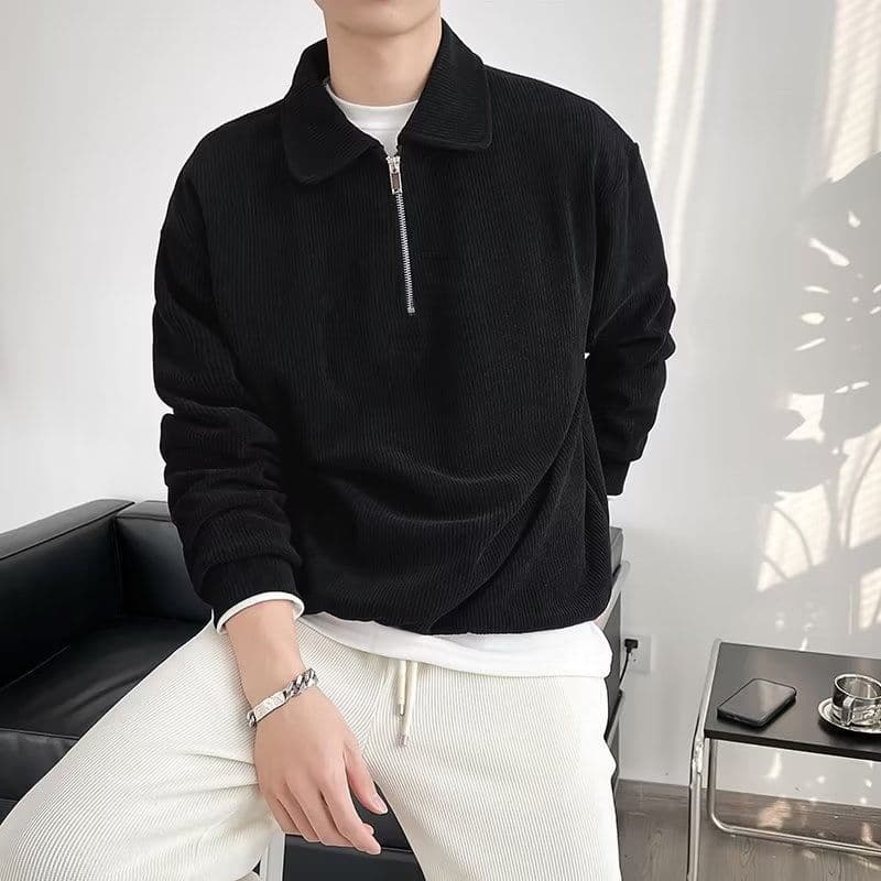 2026 새로운 캐주얼 음악 의류 남성 봄 가을 폴로 칼라 지퍼 스트라이프 니트 스웨터 잘 생긴 POLO 칼라 긴팔 단색 이미지 4