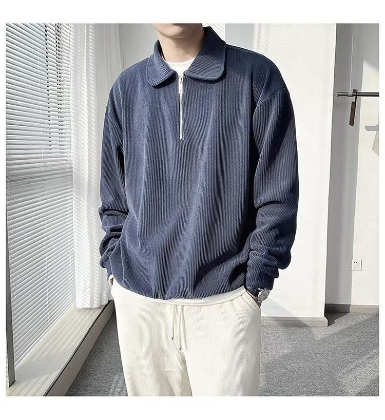 2026 새로운 캐주얼 음악 의류 남성 봄 가을 폴로 칼라 지퍼 스트라이프 니트 스웨터 잘 생긴 POLO 칼라 긴팔 단색 상세 이미지 9