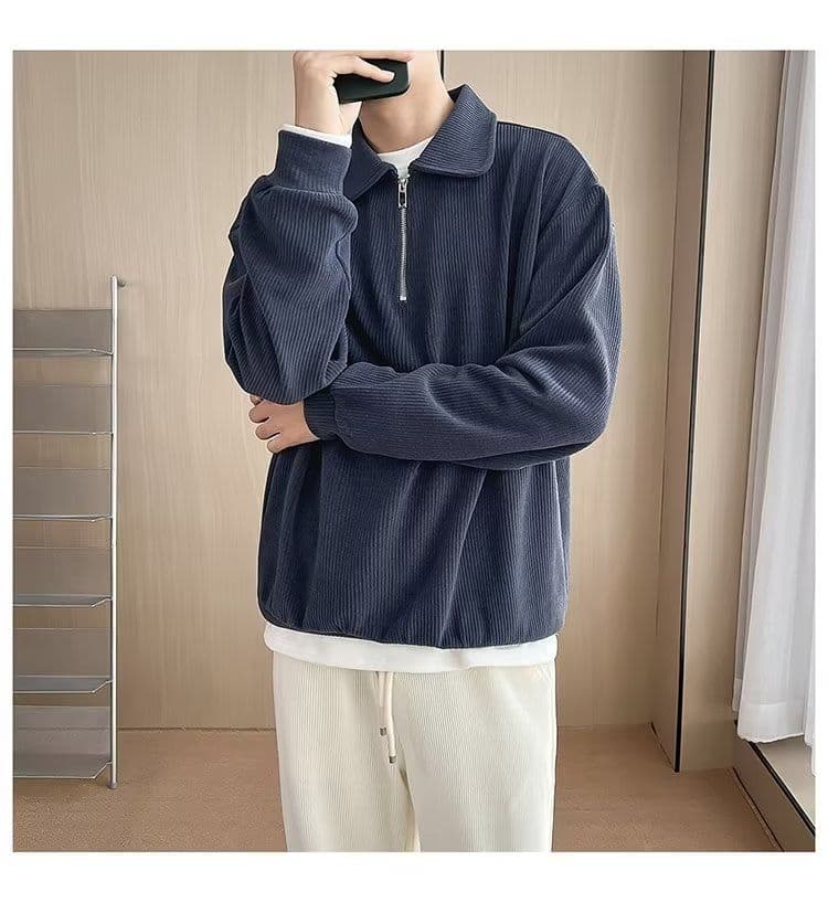 2026 새로운 캐주얼 음악 의류 남성 봄 가을 폴로 칼라 지퍼 스트라이프 니트 스웨터 잘 생긴 POLO 칼라 긴팔 단색 상세 이미지 11