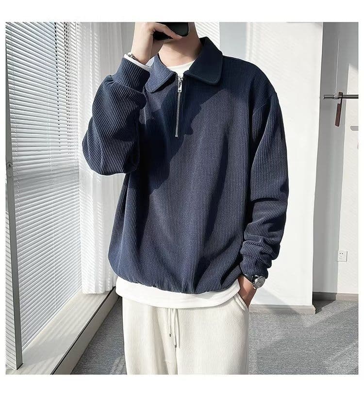 2026 새로운 캐주얼 음악 의류 남성 봄 가을 폴로 칼라 지퍼 스트라이프 니트 스웨터 잘 생긴 POLO 칼라 긴팔 단색 상세 이미지 13