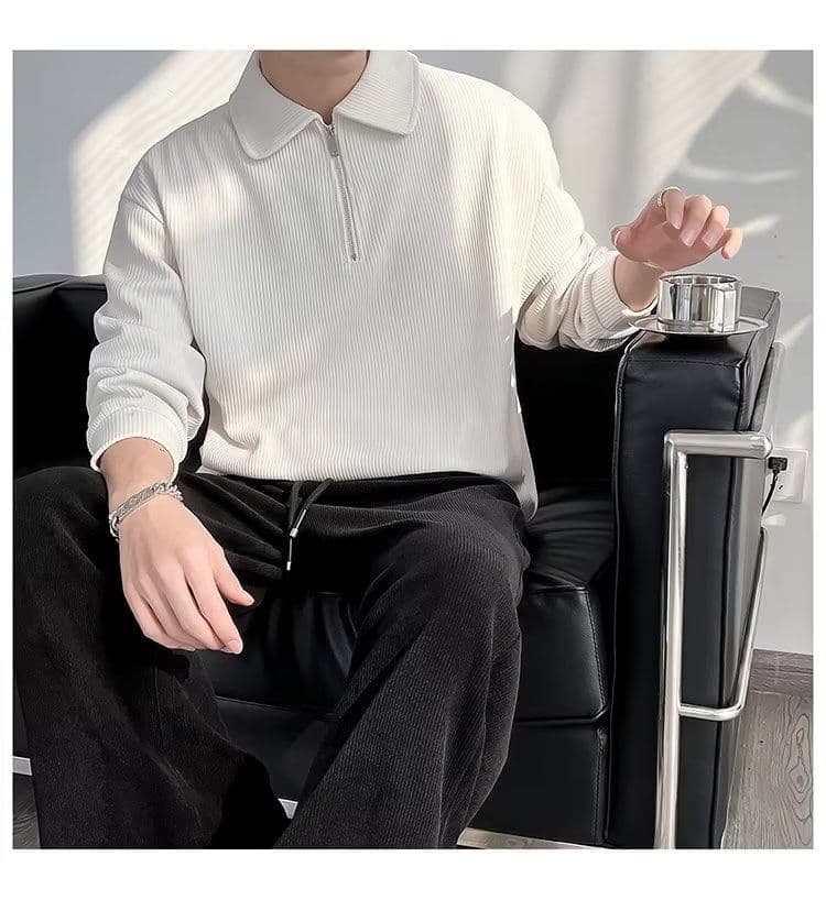 2026 새로운 캐주얼 음악 의류 남성 봄 가을 폴로 칼라 지퍼 스트라이프 니트 스웨터 잘 생긴 POLO 칼라 긴팔 단색 상세 이미지 21