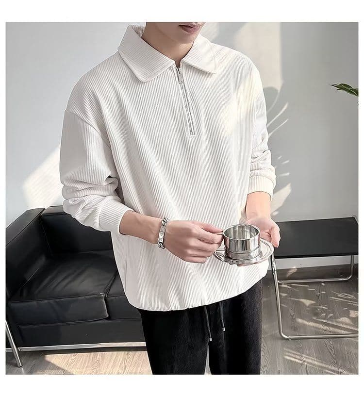 2026 새로운 캐주얼 음악 의류 남성 봄 가을 폴로 칼라 지퍼 스트라이프 니트 스웨터 잘 생긴 POLO 칼라 긴팔 단색 상세 이미지 22