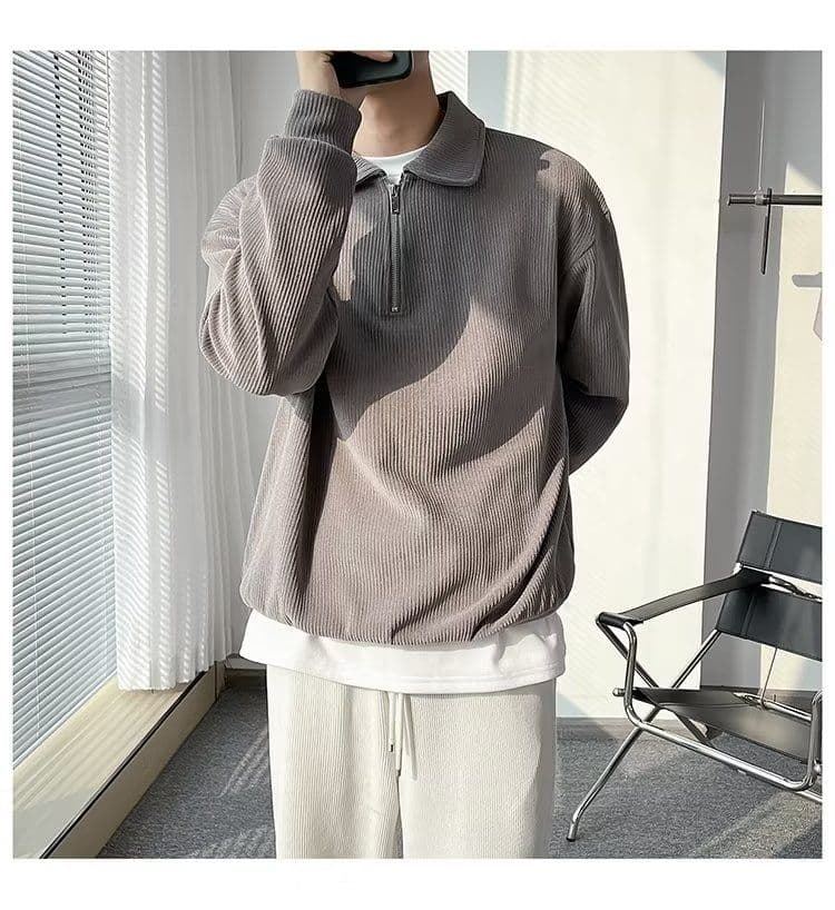 2026 새로운 캐주얼 음악 의류 남성 봄 가을 폴로 칼라 지퍼 스트라이프 니트 스웨터 잘 생긴 POLO 칼라 긴팔 단색 상세 이미지 31