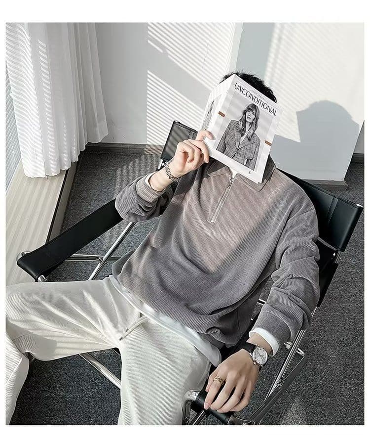2026 새로운 캐주얼 음악 의류 남성 봄 가을 폴로 칼라 지퍼 스트라이프 니트 스웨터 잘 생긴 POLO 칼라 긴팔 단색 상세 이미지 32