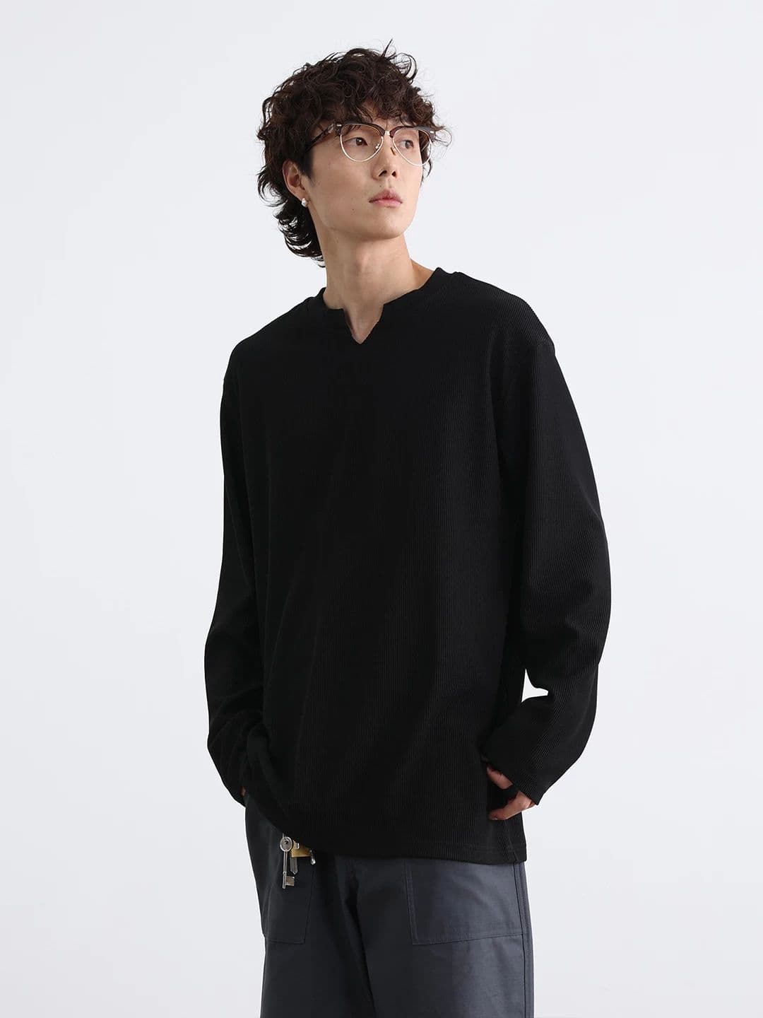 2026 새로운 무거운 봄 가을 질감 센스 V넥 긴팔 티셔츠 남자 미니멀리즘 루즈핏 단색 인사이드 가져 가라. 만나는 맨위 이미지 4