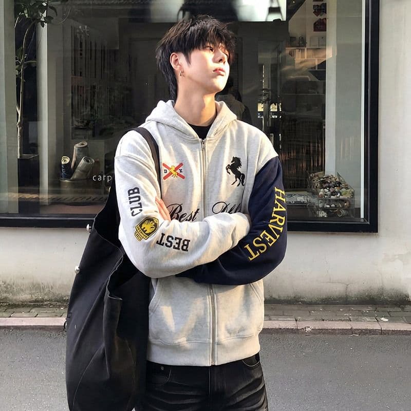 2026 새로운 무거운 가을 겨울 배색 소매 후드티 남녀 국가 조수 브랜드 오픈 가디건 자수 루즈핏 재킷 이미지 4