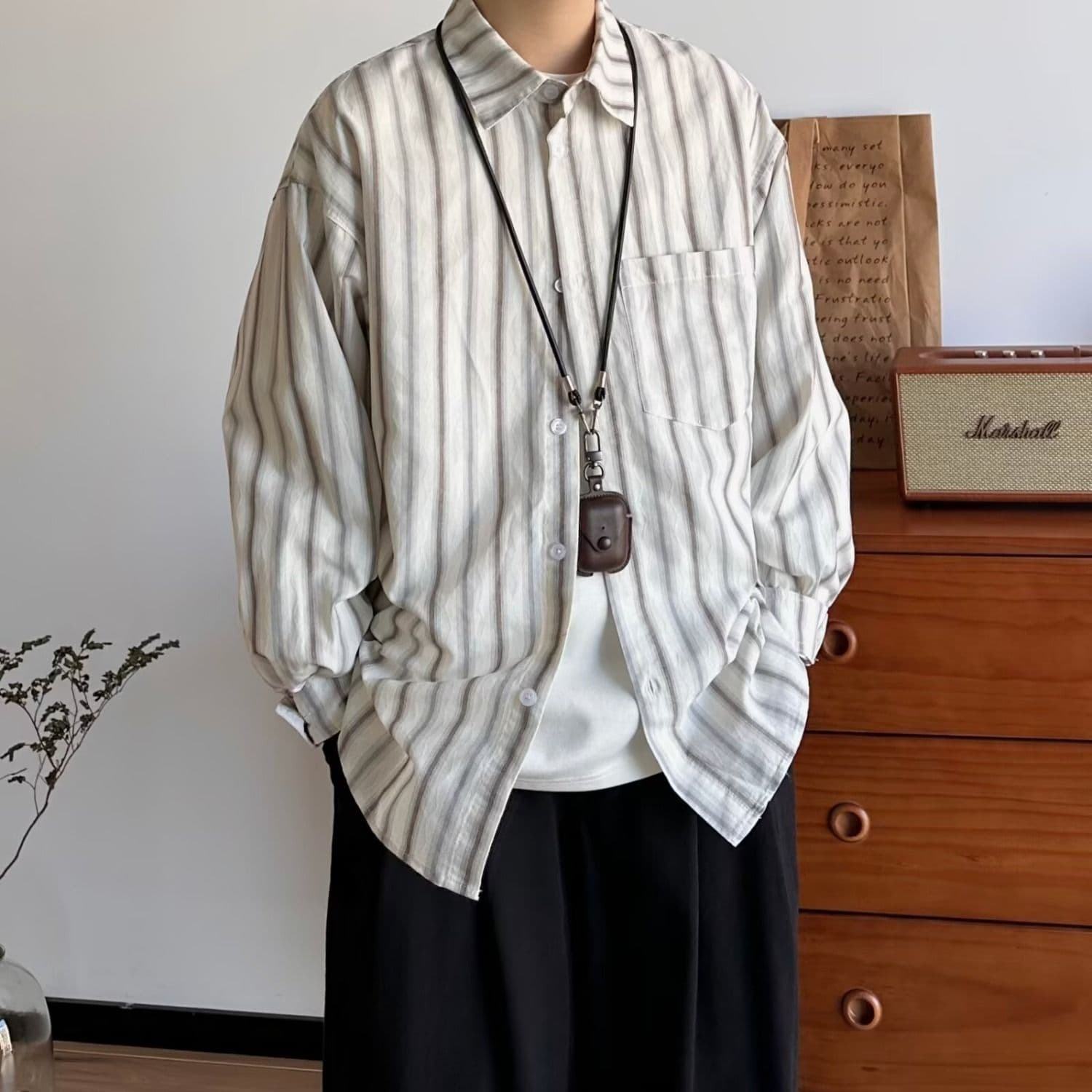 2026 일본식 아메리칸 미니멀리즘 레트로 세로 줄무늬 배색 루즈핏 긴팔 셔츠 남녀 봄 가을 셔츠 재킷 이미지 5