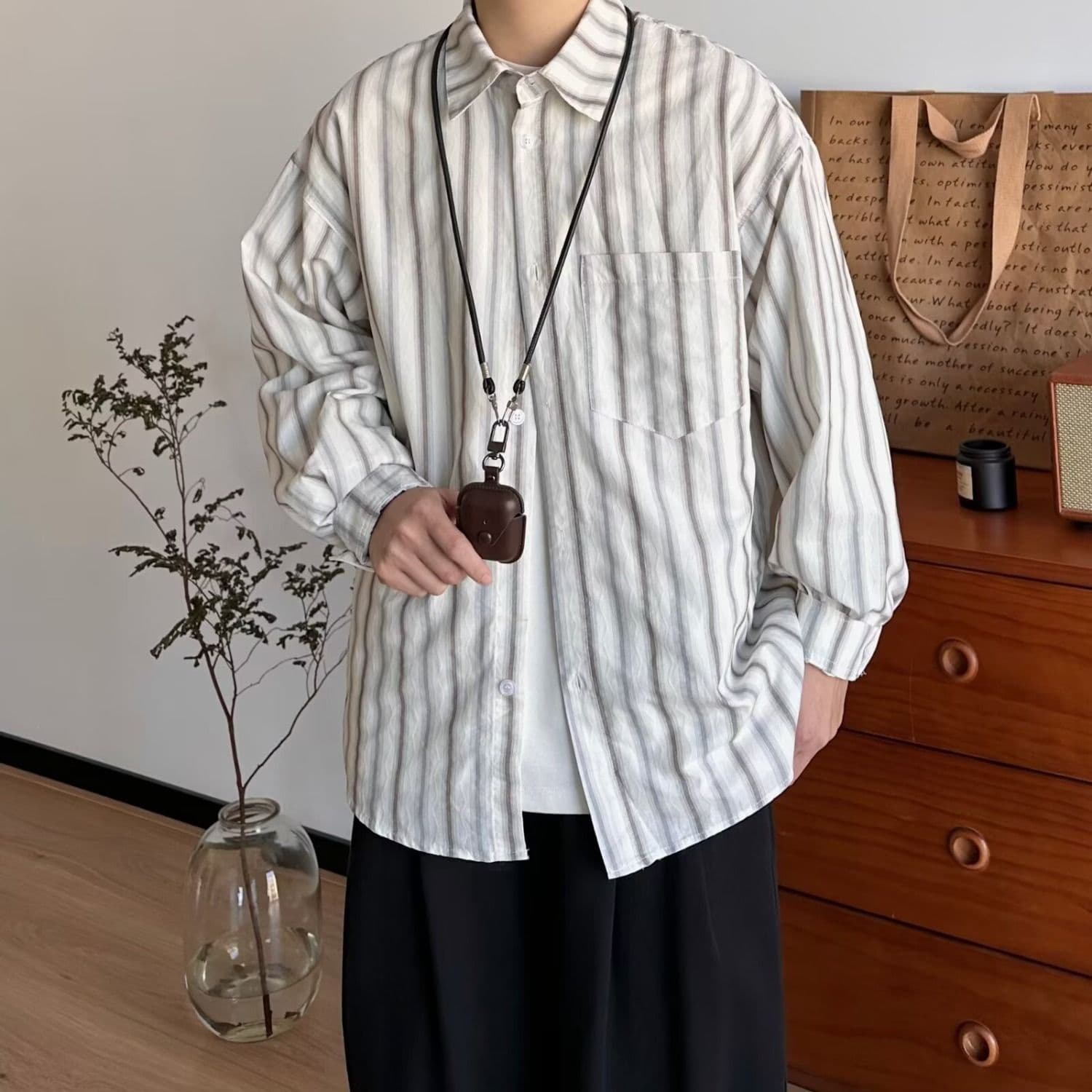 2026 일본식 아메리칸 미니멀리즘 레트로 세로 줄무늬 배색 루즈핏 긴팔 셔츠 남녀 봄 가을 셔츠 재킷 상세 이미지 9
