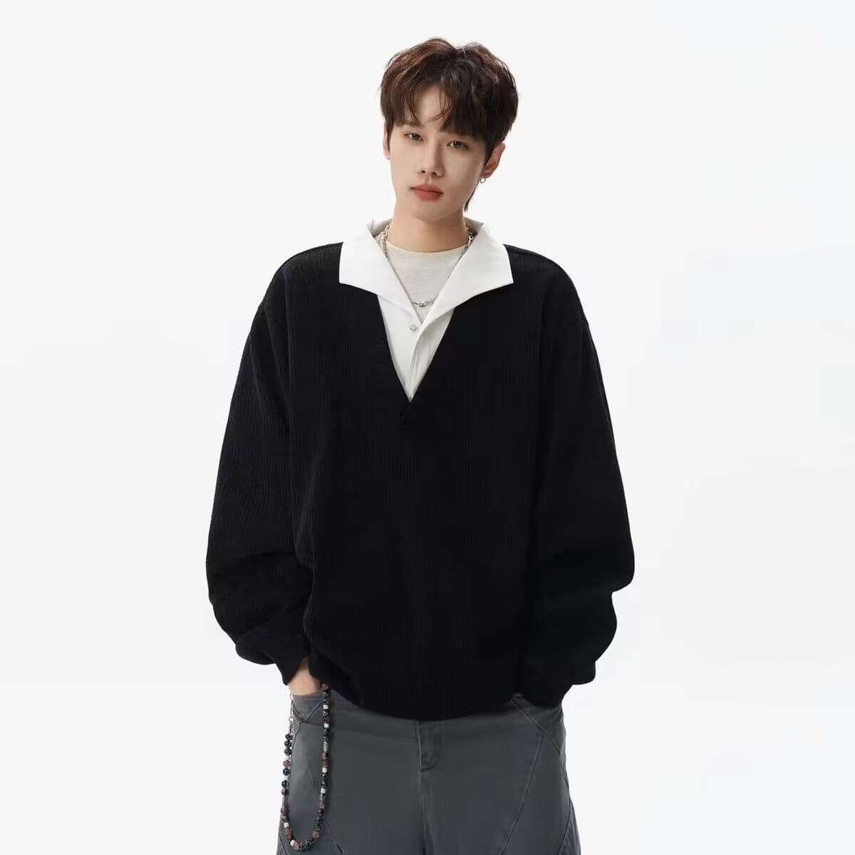 2026 아메리칸 레트로 스트라이프 페이크 레이어드 패치워크 POLO 셔츠 남녀 봄 가을 커플 루즈핏 긴팔 맨위