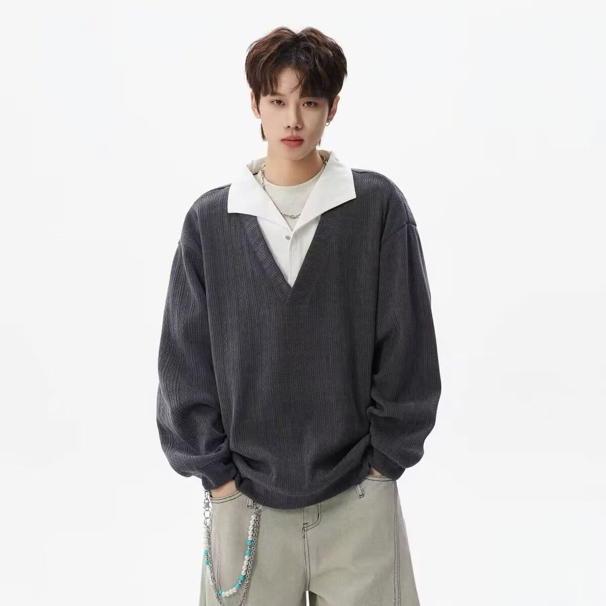 2026 아메리칸 레트로 스트라이프 페이크 레이어드 패치워크 POLO 셔츠 남녀 봄 가을 커플 루즈핏 긴팔 맨위 이미지 2