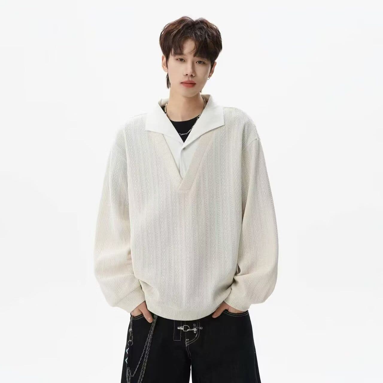2026 아메리칸 레트로 스트라이프 페이크 레이어드 패치워크 POLO 셔츠 남녀 봄 가을 커플 루즈핏 긴팔 맨위 이미지 5