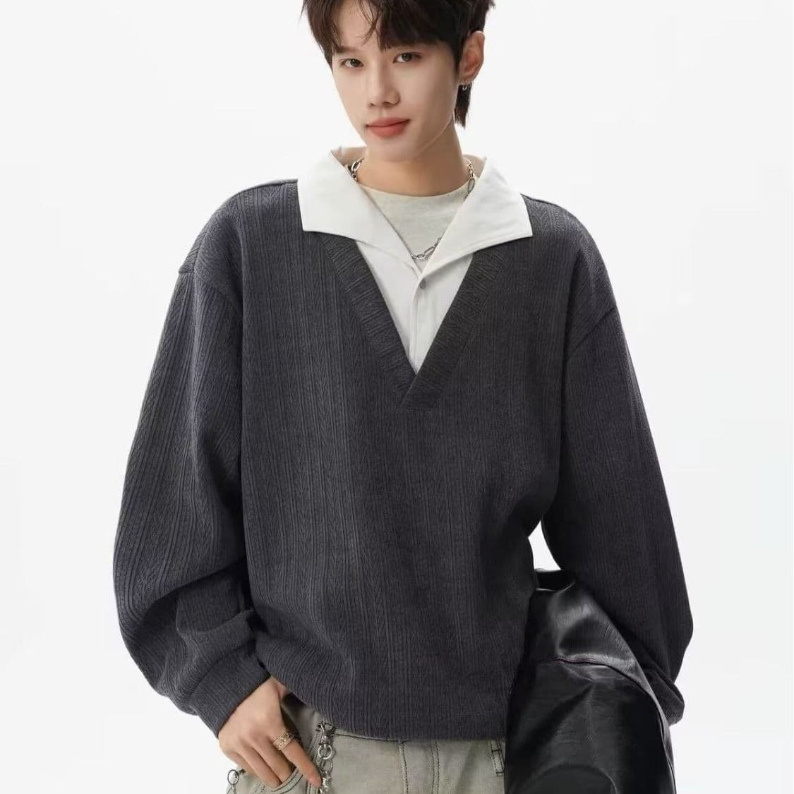 2026 아메리칸 레트로 스트라이프 페이크 레이어드 패치워크 POLO 셔츠 남녀 봄 가을 커플 루즈핏 긴팔 맨위 이미지 4