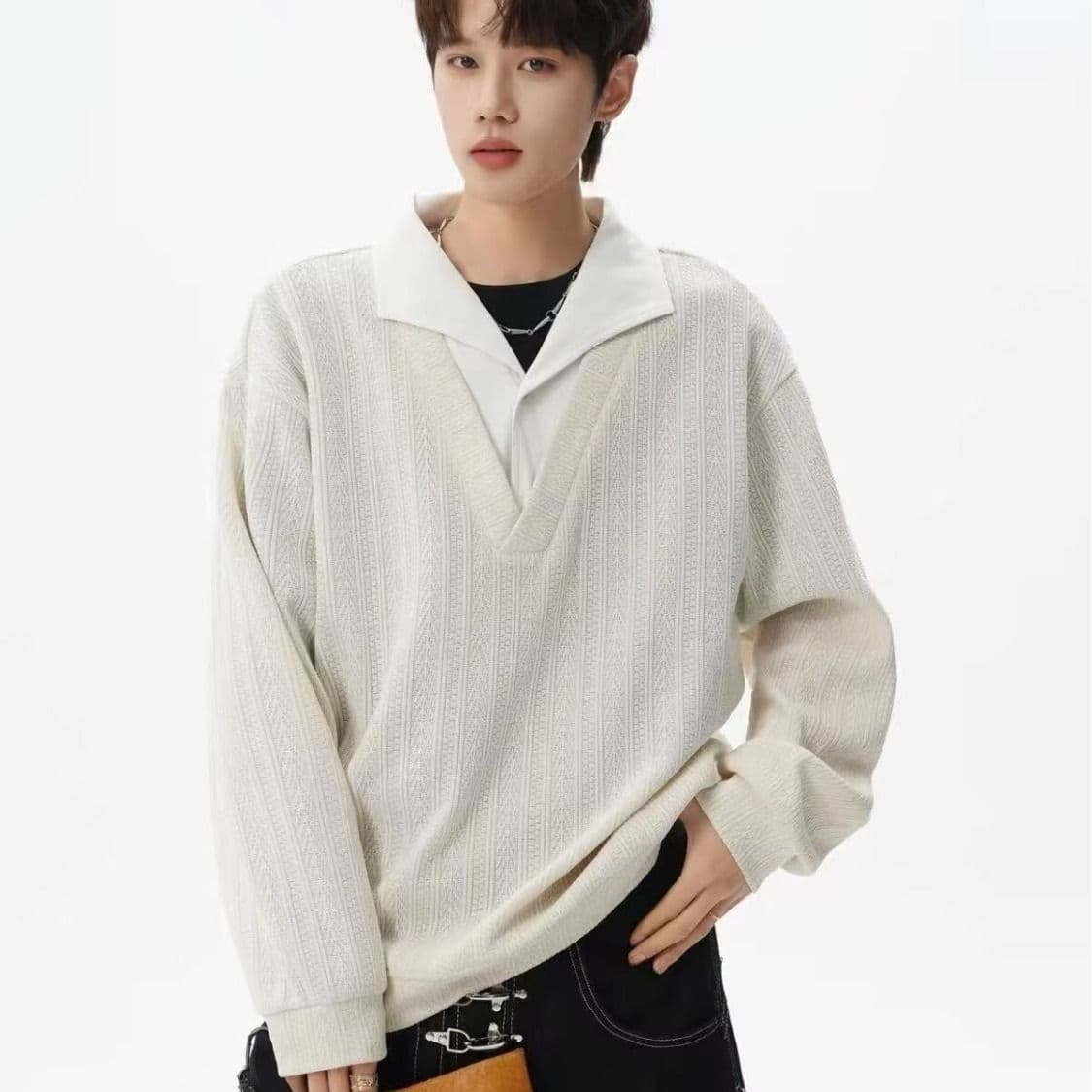2026 아메리칸 레트로 스트라이프 페이크 레이어드 패치워크 POLO 셔츠 남녀 봄 가을 커플 루즈핏 긴팔 맨위 이미지 3