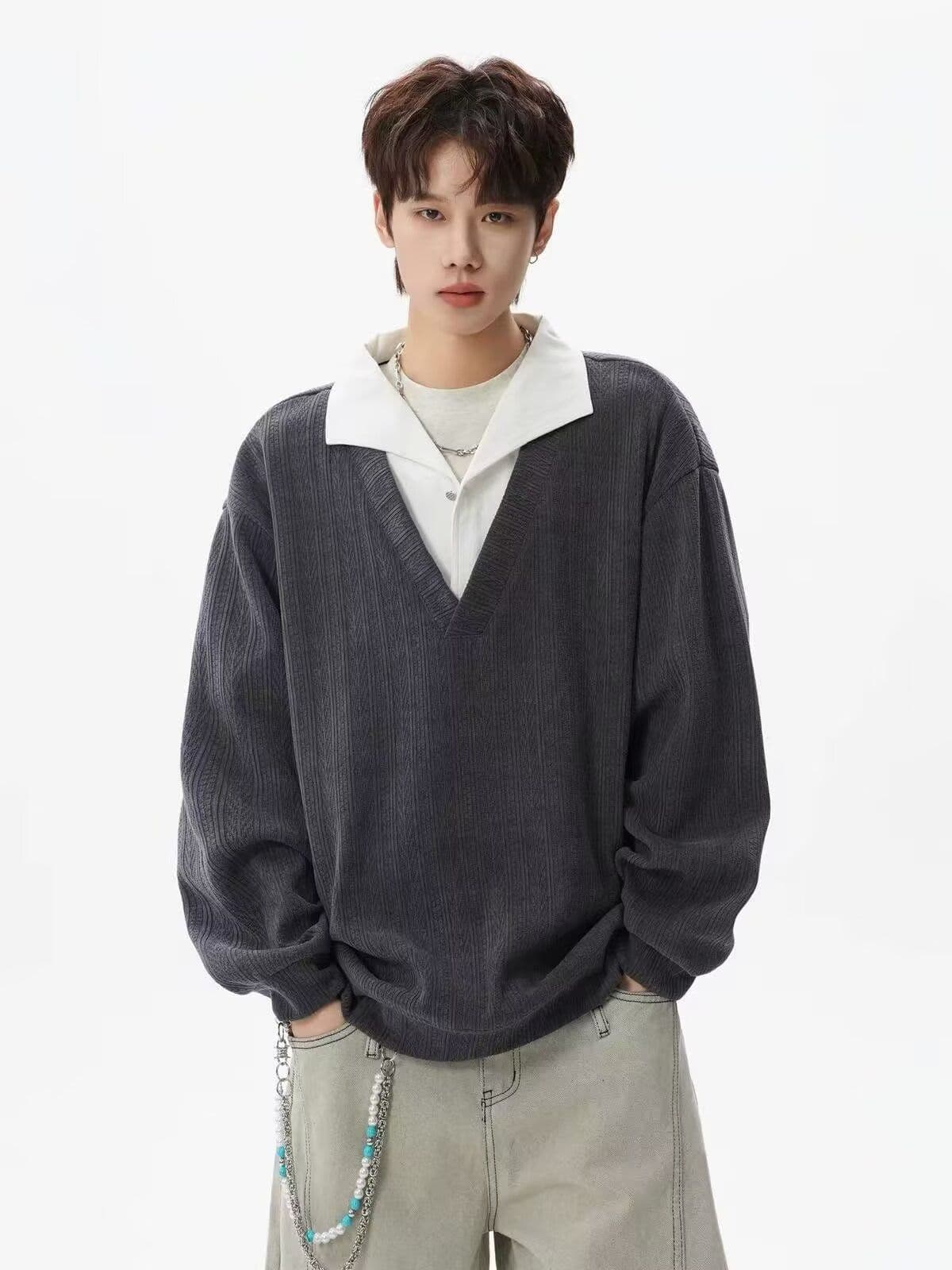 2026 아메리칸 레트로 스트라이프 페이크 레이어드 패치워크 POLO 셔츠 남녀 봄 가을 커플 루즈핏 긴팔 맨위 상세 이미지 1