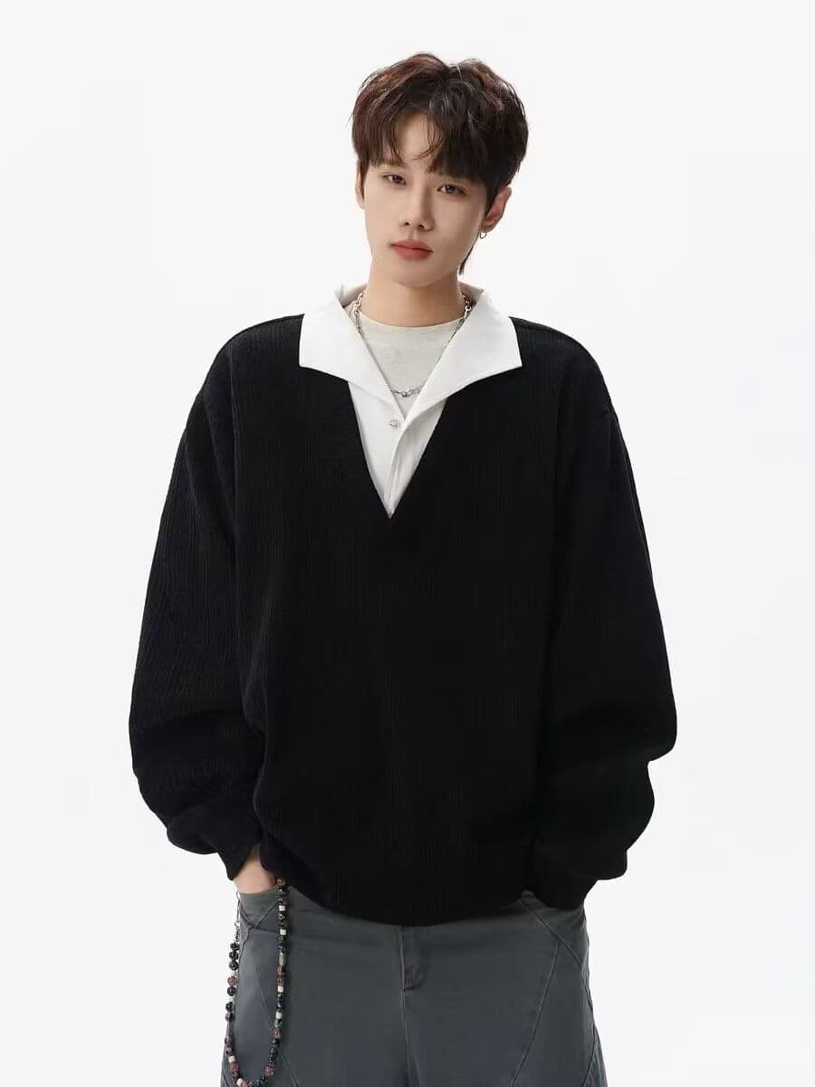 2026 아메리칸 레트로 스트라이프 페이크 레이어드 패치워크 POLO 셔츠 남녀 봄 가을 커플 루즈핏 긴팔 맨위 상세 이미지 3