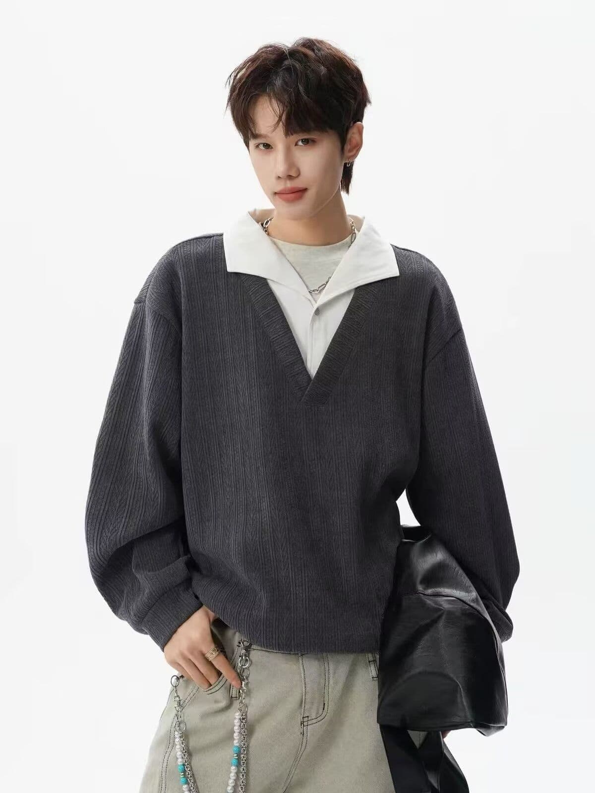 2026 아메리칸 레트로 스트라이프 페이크 레이어드 패치워크 POLO 셔츠 남녀 봄 가을 커플 루즈핏 긴팔 맨위 상세 이미지 4