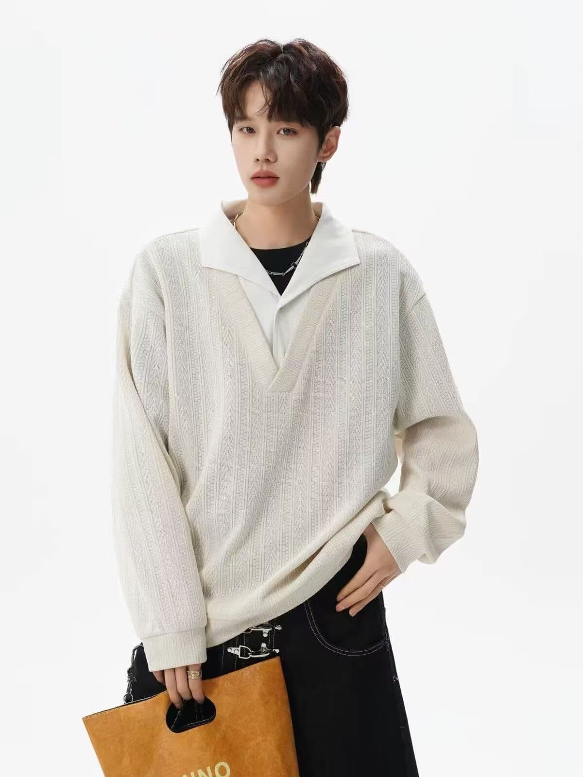 2026 아메리칸 레트로 스트라이프 페이크 레이어드 패치워크 POLO 셔츠 남녀 봄 가을 커플 루즈핏 긴팔 맨위 상세 이미지 5