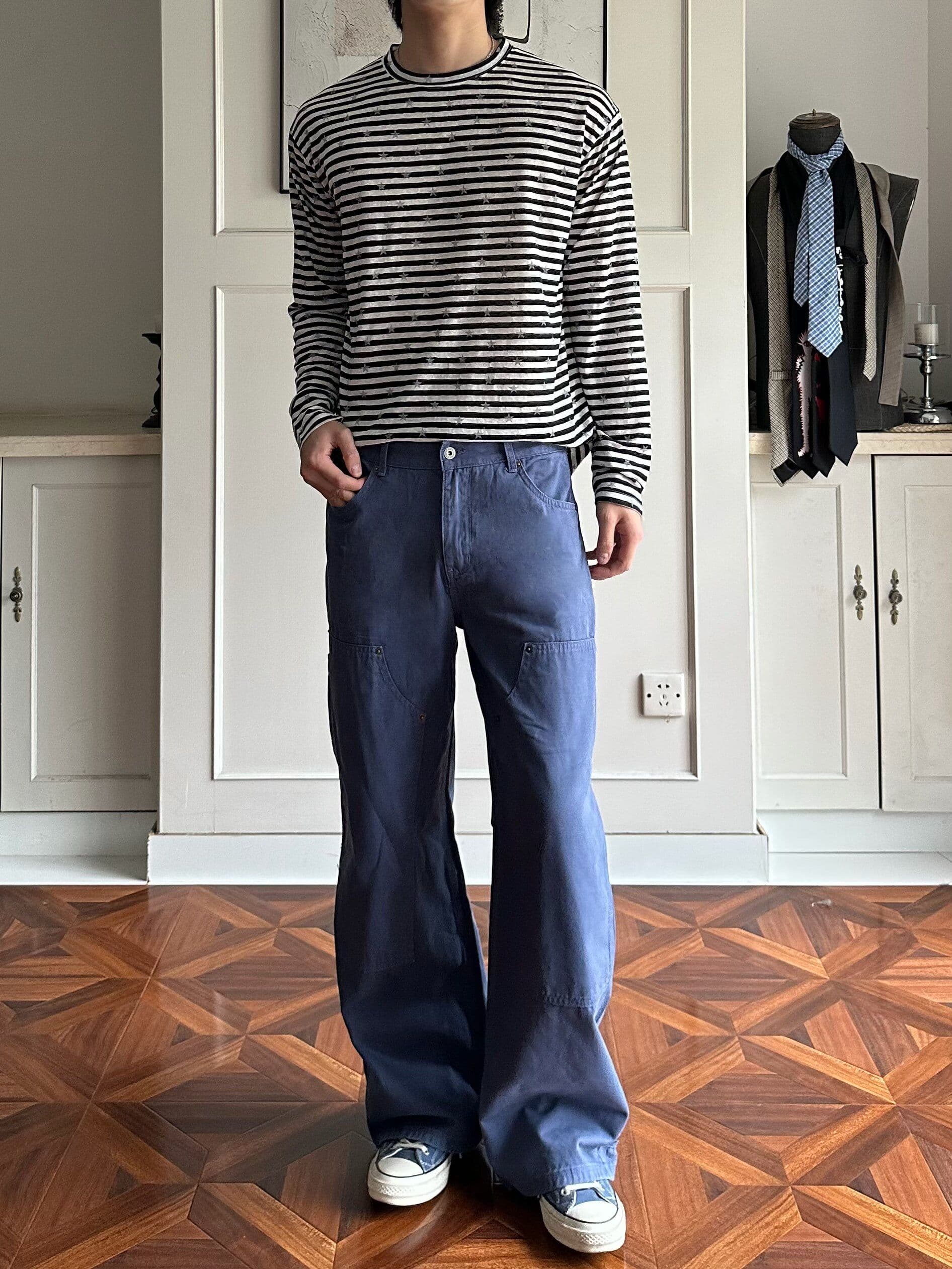 2026 새로운 무거운 봄 가을철 실크 별 스트라이프 커플 긴팔 티셔츠 맨위 상세 이미지 7