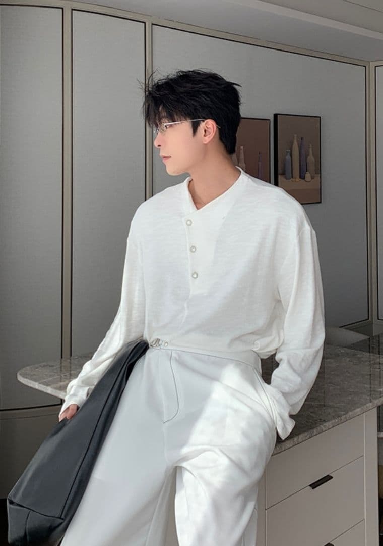 2026 새로운 무거운 봄 가을 헨리 칼라 대나무 마디 면 긴팔 티셔츠 남자 이미지 3