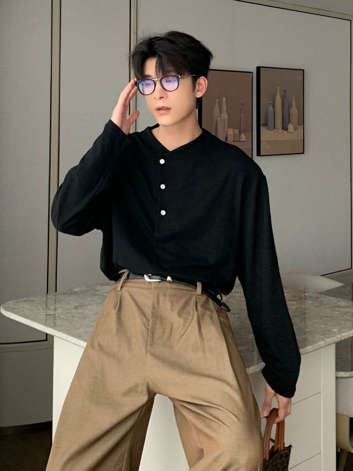2026 새로운 무거운 봄 가을 헨리 칼라 대나무 마디 면 긴팔 티셔츠 남자 이미지 2