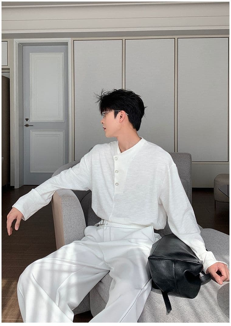 2026 새로운 무거운 봄 가을 헨리 칼라 대나무 마디 면 긴팔 티셔츠 남자 상세 이미지 4