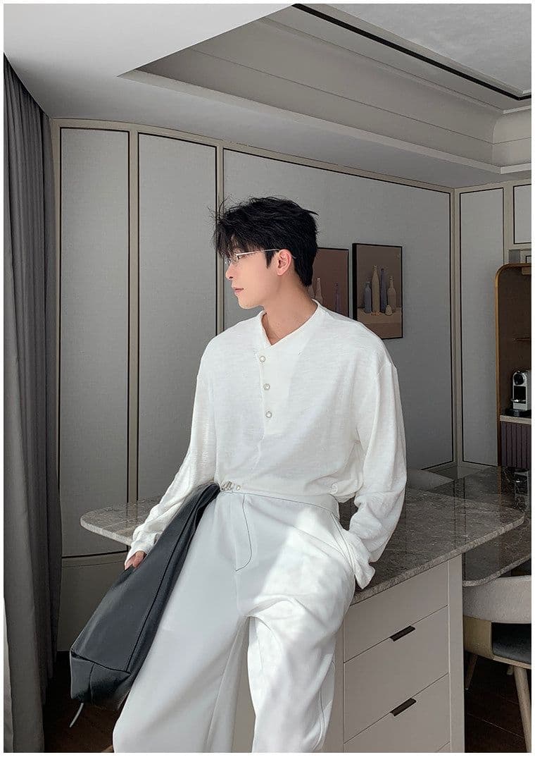 2026 새로운 무거운 봄 가을 헨리 칼라 대나무 마디 면 긴팔 티셔츠 남자 상세 이미지 5