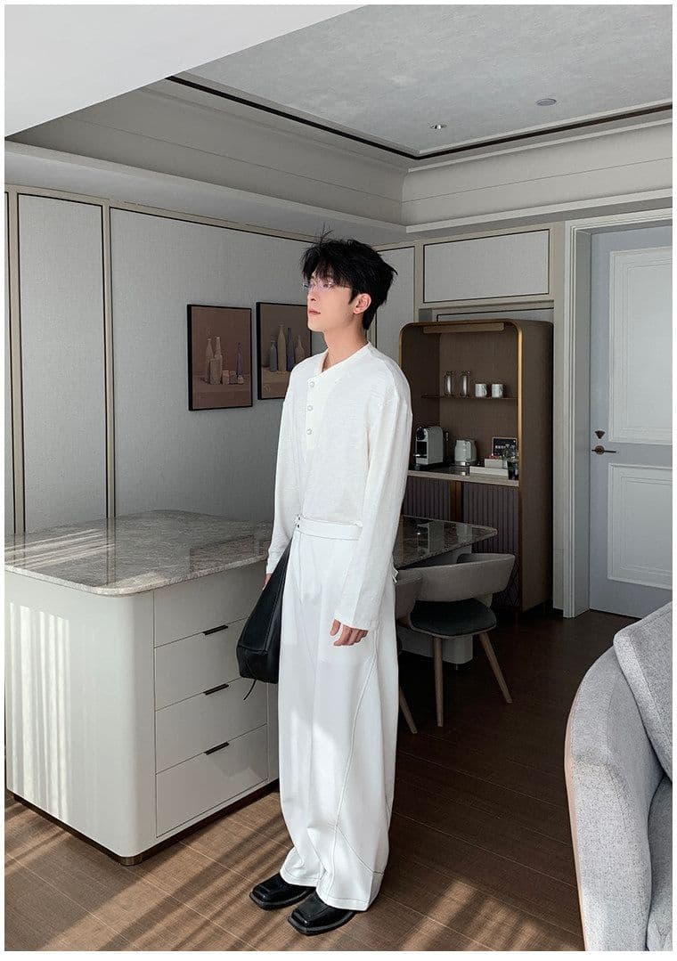 2026 새로운 무거운 봄 가을 헨리 칼라 대나무 마디 면 긴팔 티셔츠 남자 상세 이미지 8