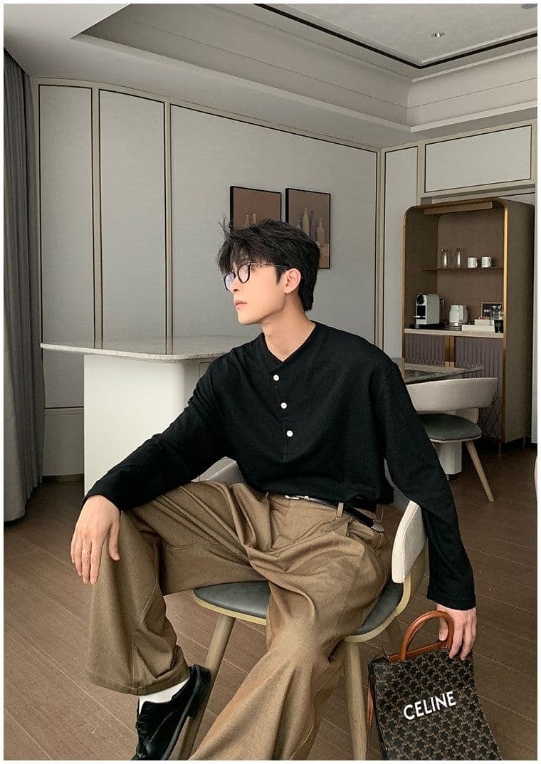 2026 새로운 무거운 봄 가을 헨리 칼라 대나무 마디 면 긴팔 티셔츠 남자 상세 이미지 10