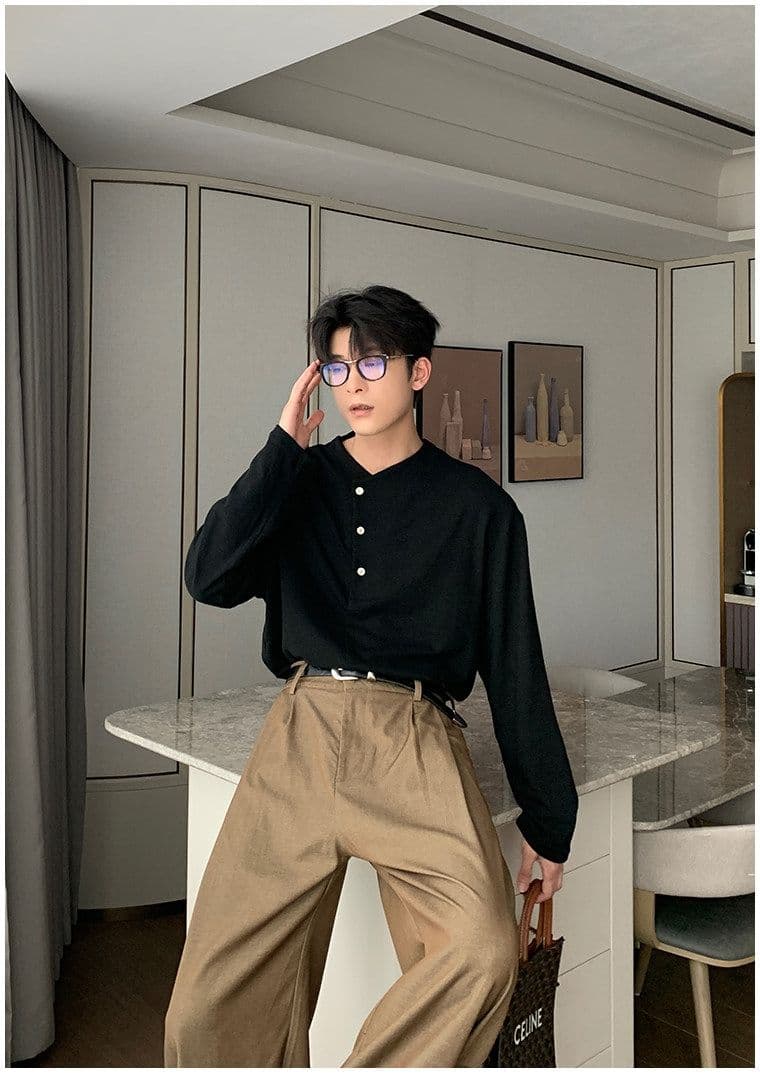 2026 새로운 무거운 봄 가을 헨리 칼라 대나무 마디 면 긴팔 티셔츠 남자 상세 이미지 11