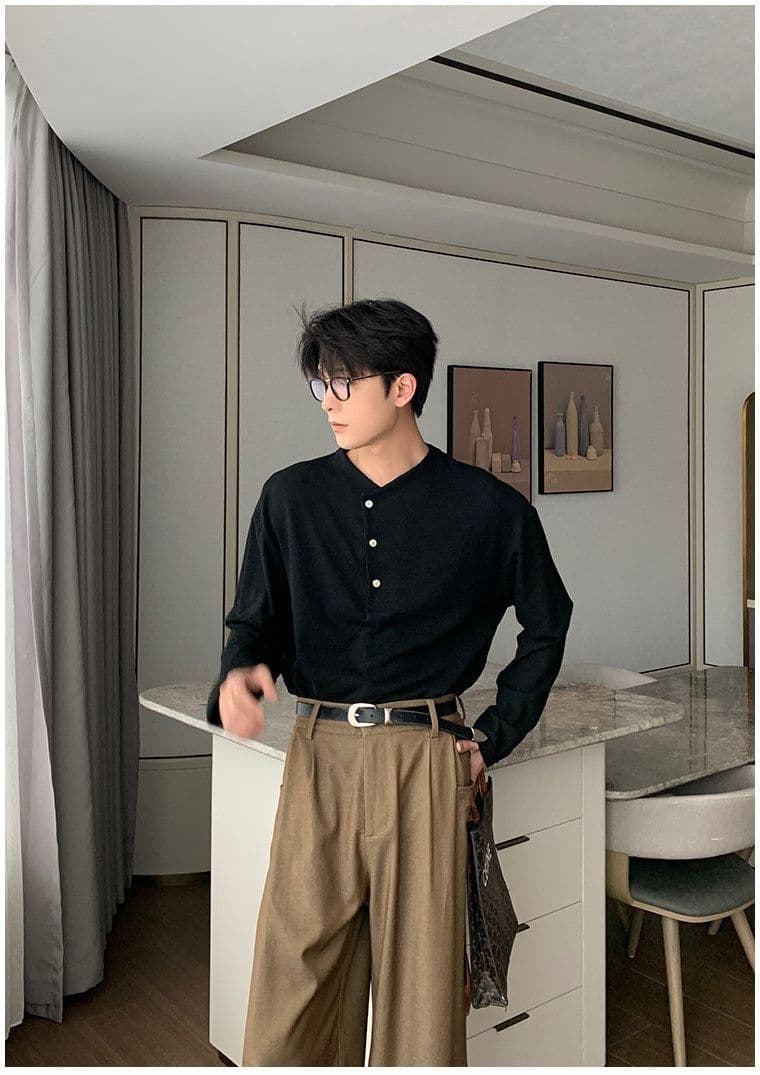 2026 새로운 무거운 봄 가을 헨리 칼라 대나무 마디 면 긴팔 티셔츠 남자 상세 이미지 12