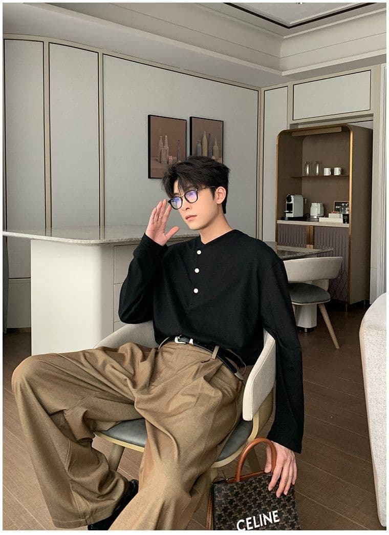 2026 새로운 무거운 봄 가을 헨리 칼라 대나무 마디 면 긴팔 티셔츠 남자 상세 이미지 13