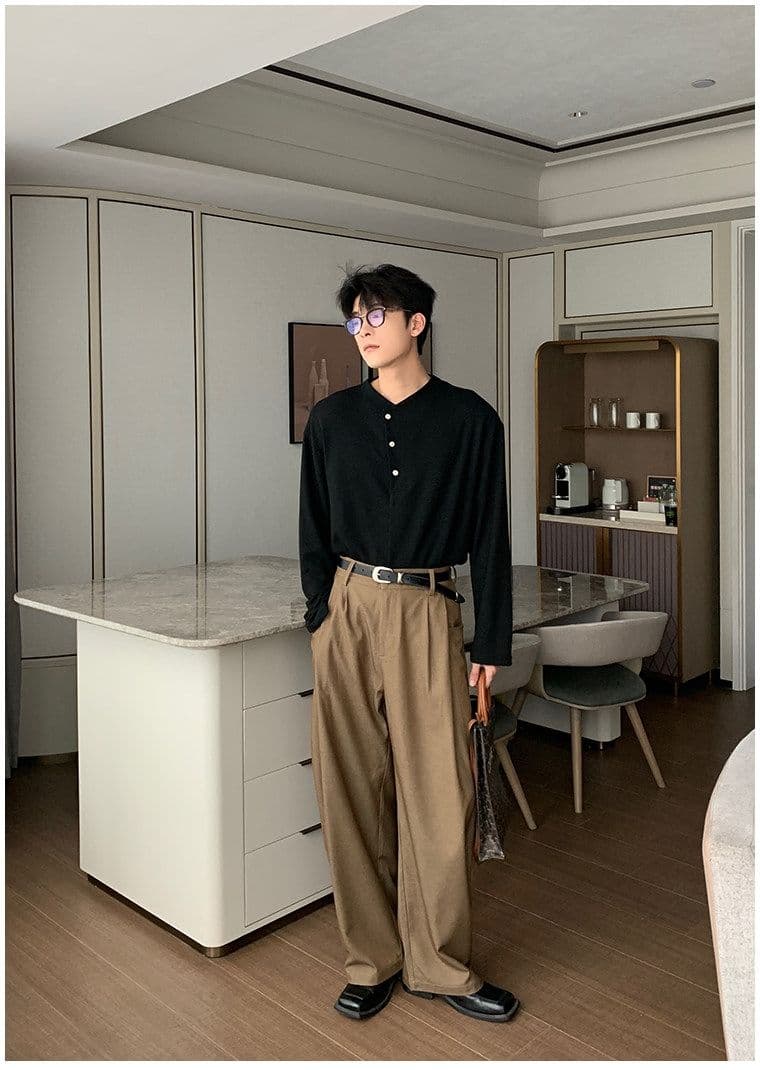 2026 새로운 무거운 봄 가을 헨리 칼라 대나무 마디 면 긴팔 티셔츠 남자 상세 이미지 14