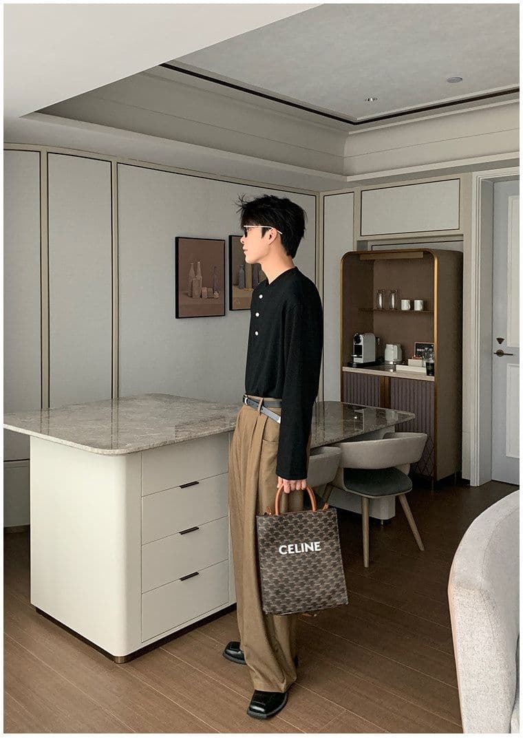 2026 새로운 무거운 봄 가을 헨리 칼라 대나무 마디 면 긴팔 티셔츠 남자 상세 이미지 15