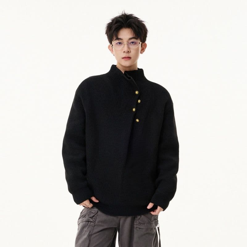 2026 새로운 겨울 단추 디자인 센스 반하이넥 니트 스웨터 남자 가을 cleanfit 작은 대중 캐주얼 스웨터 이미지 2