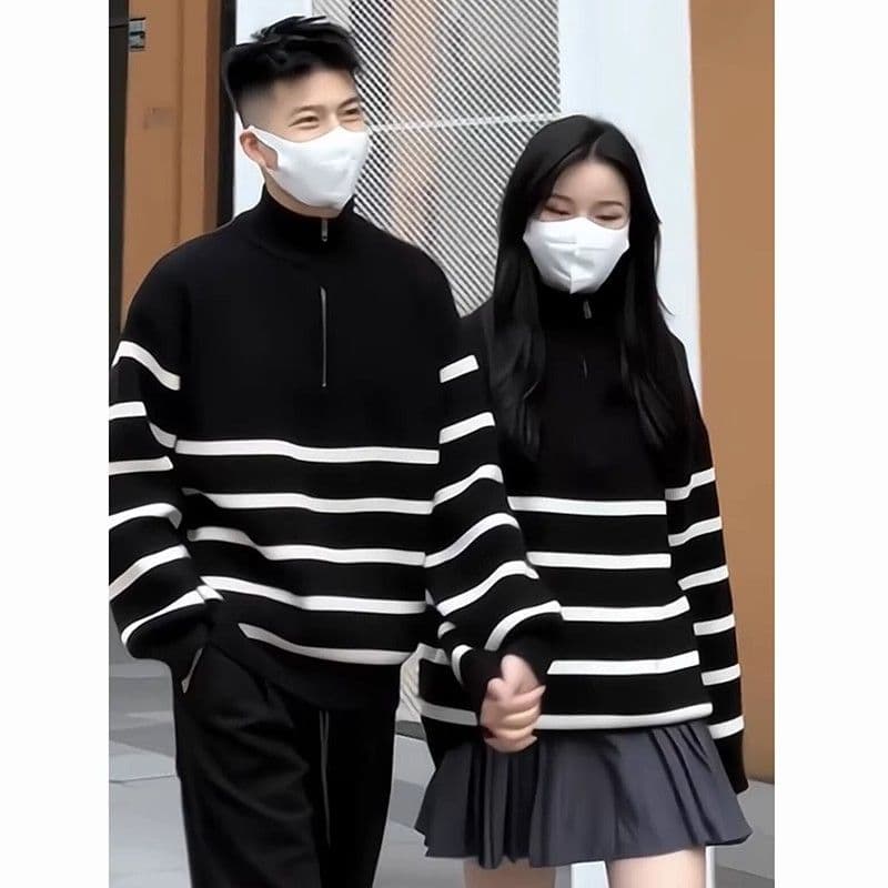 하프 지퍼 스트라이프 스웨터 남자 스탠드 칼라 가을 겨울 새로운 느긋한 고급 센스 루즈핏 풀오버 만나는 니트 스웨터 재킷 이미지 2