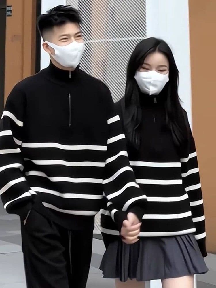 하프 지퍼 스트라이프 스웨터 남자 스탠드 칼라 가을 겨울 새로운 느긋한 고급 센스 루즈핏 풀오버 만나는 니트 스웨터 재킷 상세 이미지 2