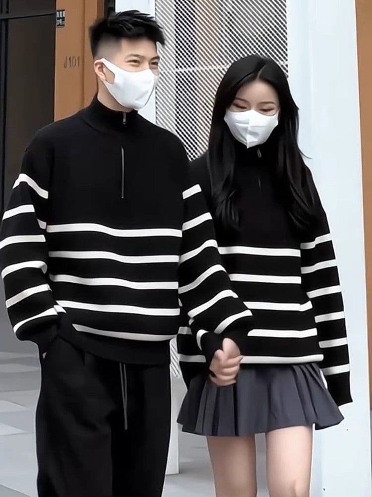 하프 지퍼 스트라이프 스웨터 남자 스탠드 칼라 가을 겨울 새로운 느긋한 고급 센스 루즈핏 풀오버 만나는 니트 스웨터 재킷 상세 이미지 4