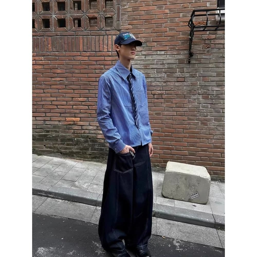 2026 봄 가을 가짜 넥타이 패치워크 디자인 체크무늬 남자 셔츠 루즈핏 레이어링 작은 대중 체크무늬 남자 긴팔 셔츠 이미지 2