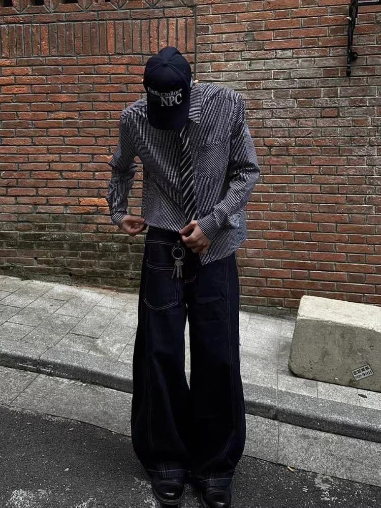 2026 봄 가을 가짜 넥타이 패치워크 디자인 체크무늬 남자 셔츠 루즈핏 레이어링 작은 대중 체크무늬 남자 긴팔 셔츠 상세 이미지 9