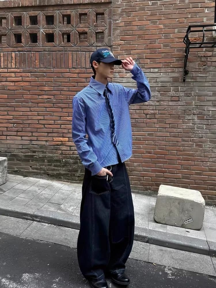 2026 봄 가을 가짜 넥타이 패치워크 디자인 체크무늬 남자 셔츠 루즈핏 레이어링 작은 대중 체크무늬 남자 긴팔 셔츠 상세 이미지 14