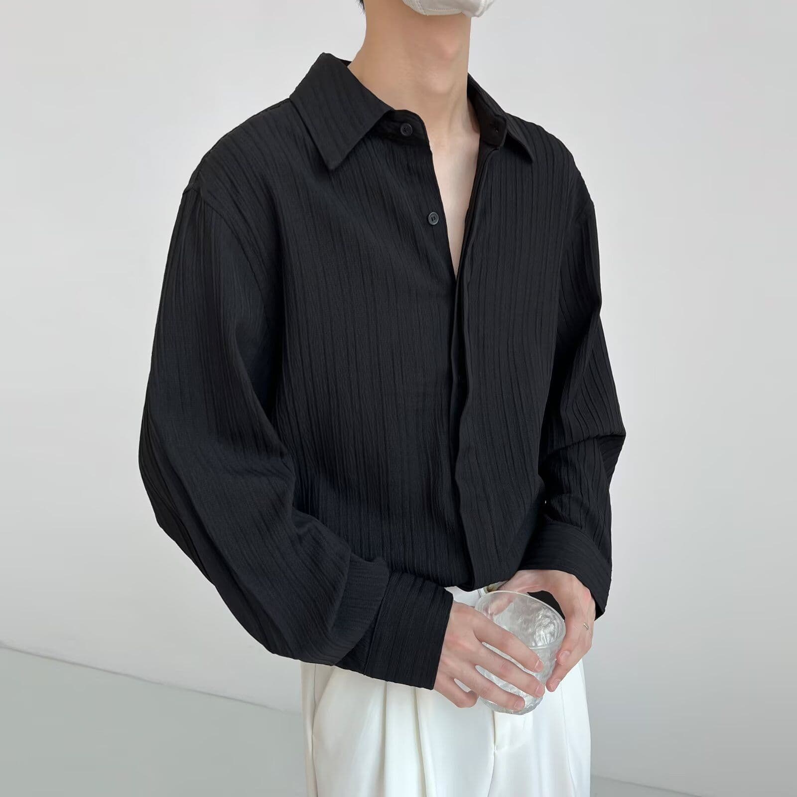 고급 센스 셔츠 남자 긴팔 주름 센스 한국 스타일 트렌드 셔츠 봄 가을 새로운 악당 잘 생긴 루즈핏 캐주얼 맨위 남자 이미지 4
