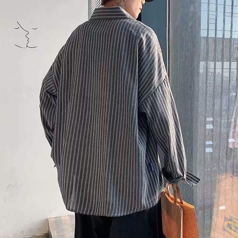 2026 봄 여름 한국 스타일 잘 생긴 스트라이프 긴팔 셔츠 남성 일본식 트렌디 루즈핏 학생 노력 없음 재킷 셔츠 상세 이미지 7