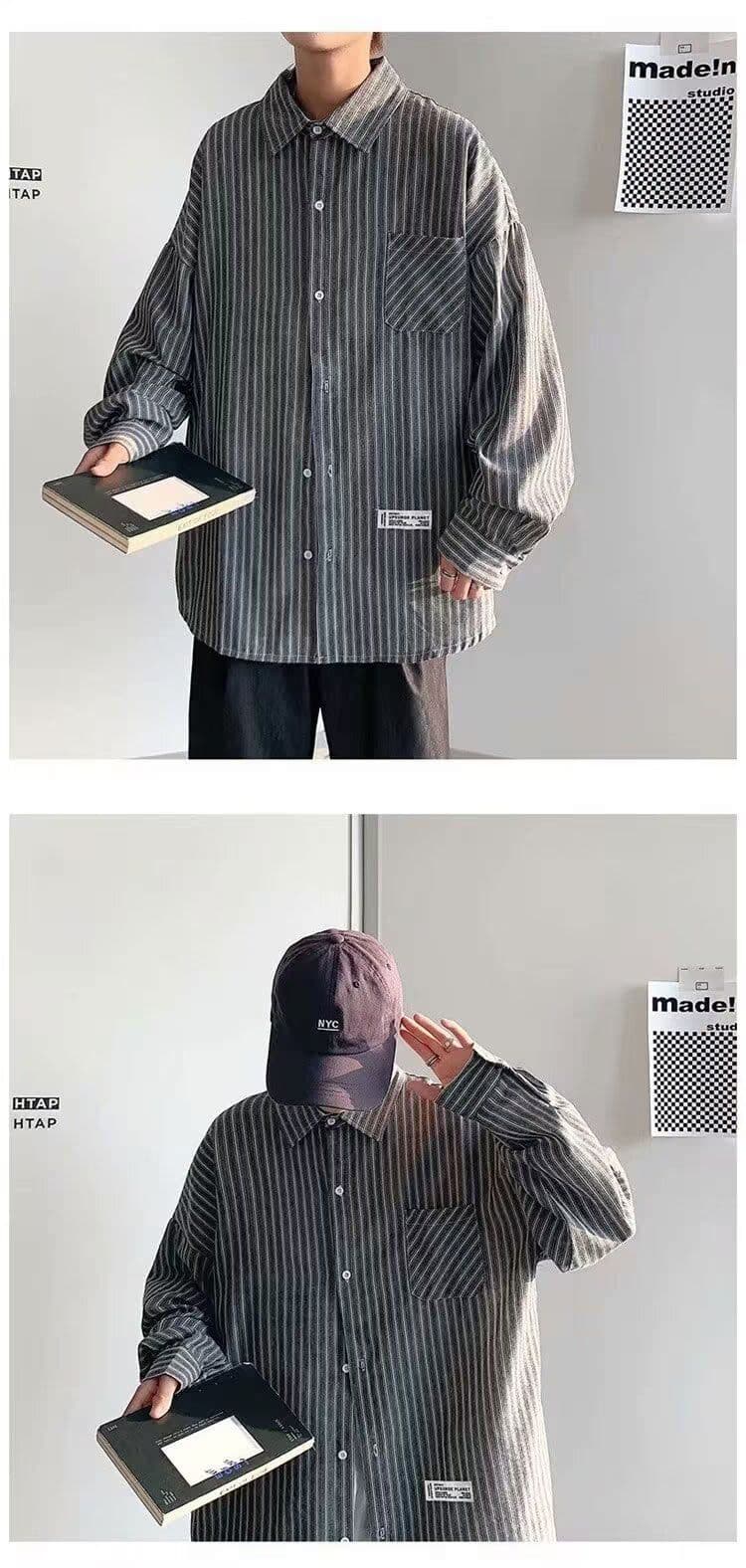 2026 봄 여름 한국 스타일 잘 생긴 스트라이프 긴팔 셔츠 남성 일본식 트렌디 루즈핏 학생 노력 없음 재킷 셔츠 상세 이미지 18