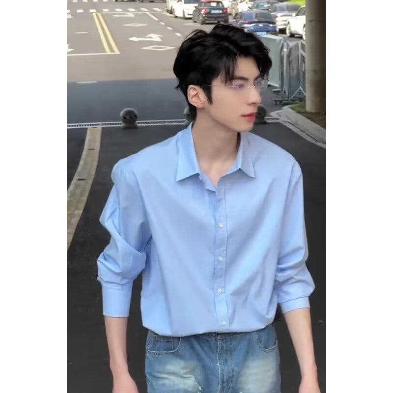 2026 파란색 셔츠 남자 봄 가을 한 부서 분위기 센스 착용 가져 가라. 긴팔 셔츠 고급 센스 악당 잘 생긴 얇은 코트