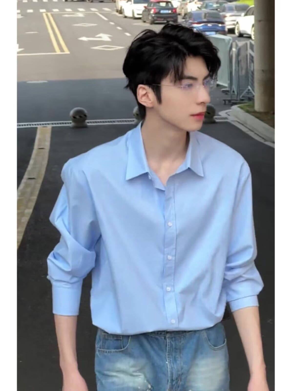 2026 파란색 셔츠 남자 봄 가을 한 부서 분위기 센스 착용 가져 가라. 긴팔 셔츠 고급 센스 악당 잘 생긴 얇은 코트 상세 이미지 2