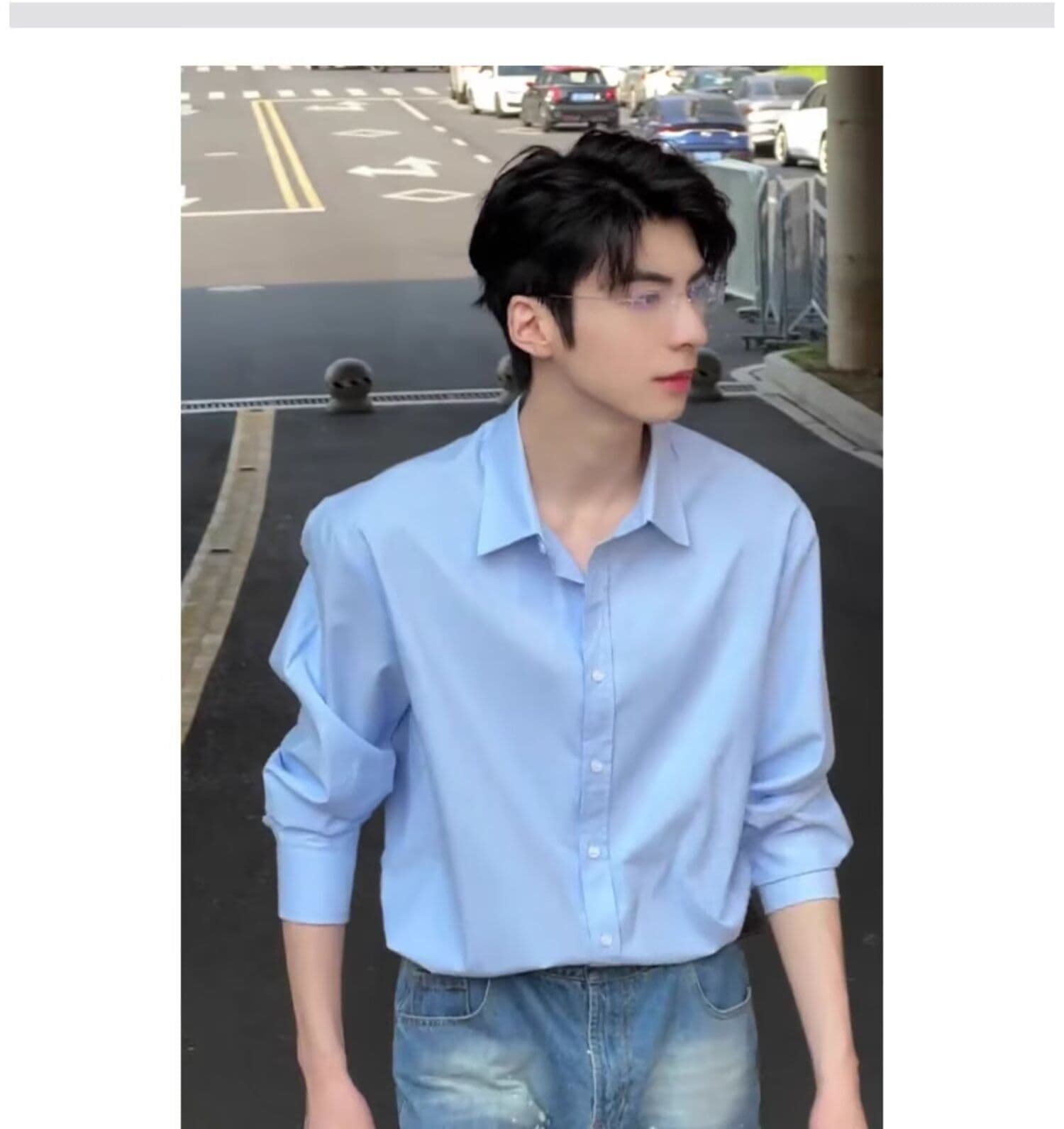 2026 파란색 셔츠 남자 봄 가을 한 부서 분위기 센스 착용 가져 가라. 긴팔 셔츠 고급 센스 악당 잘 생긴 얇은 코트 상세 이미지 4