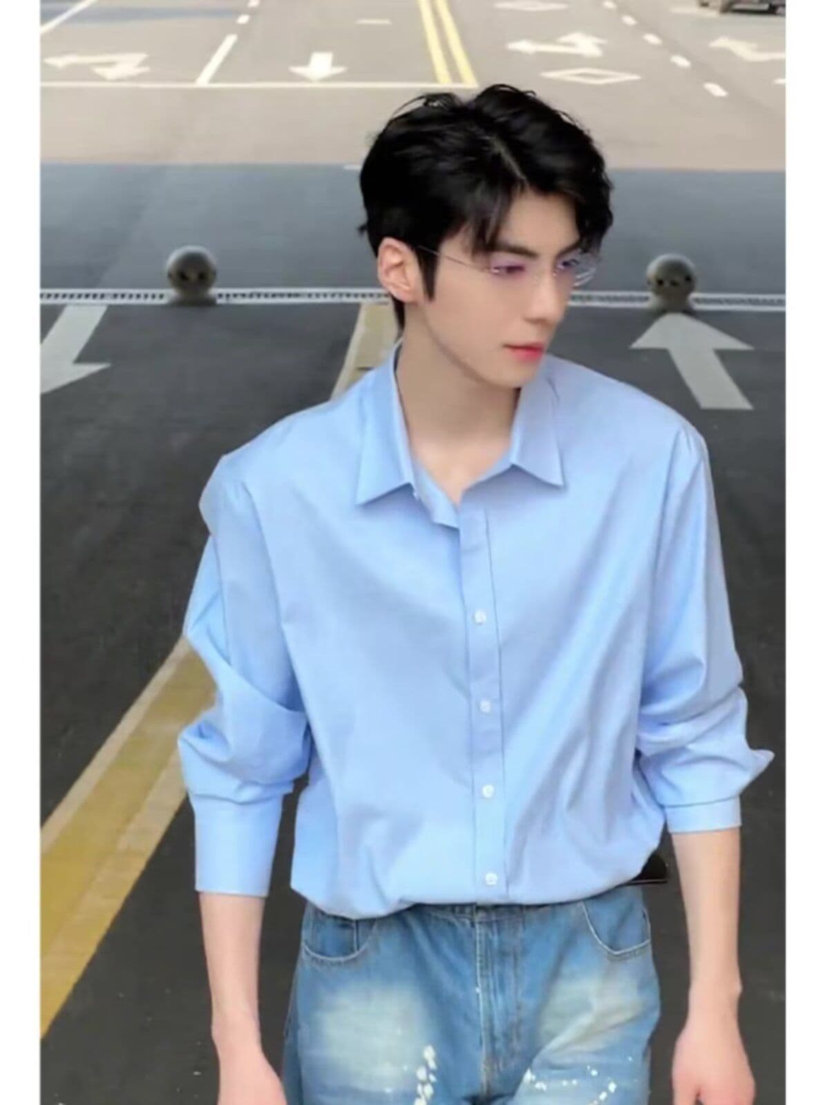 2026 파란색 셔츠 남자 봄 가을 한 부서 분위기 센스 착용 가져 가라. 긴팔 셔츠 고급 센스 악당 잘 생긴 얇은 코트 상세 이미지 23